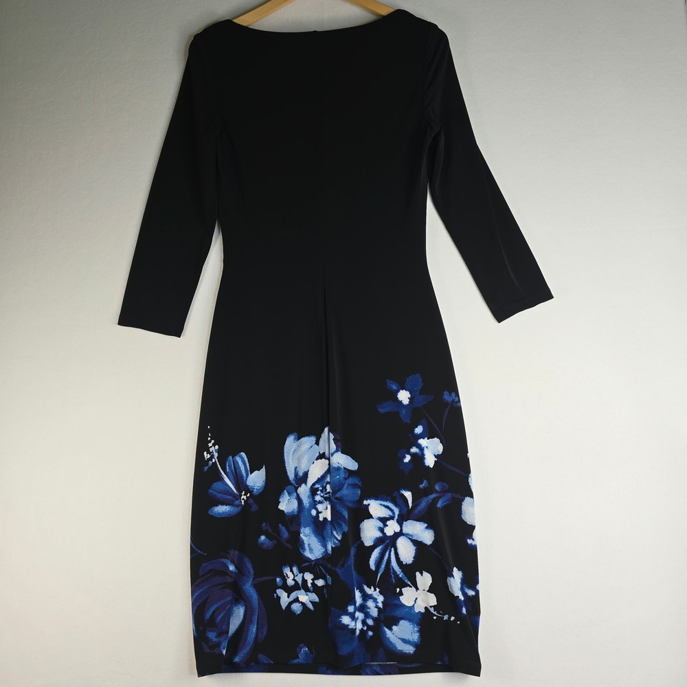 Lauren Ralph Lauren Black Blue Floral Cowl Neck Ruched Sheath Dress Size 4